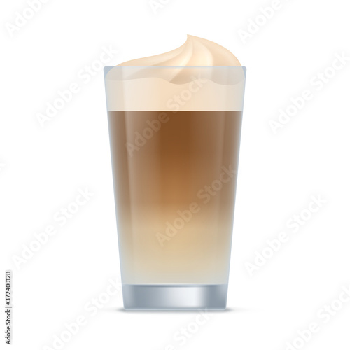 Glass of latte coffee drink. Aroma beverage with whipped cream in transparent cup realistic vector illustration isolated on white background