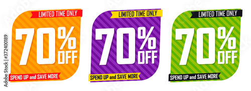 Set Sale 70% off banners, discount tags design template, grunge brush, vector illustration