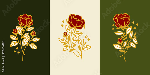 Vector feminine logo design template set in trendy linear minimal style. Peony, rose flowers and botanical leaf branch. Emblem, symbols and icons for cosmetics, jewellery, beauty and handmade products