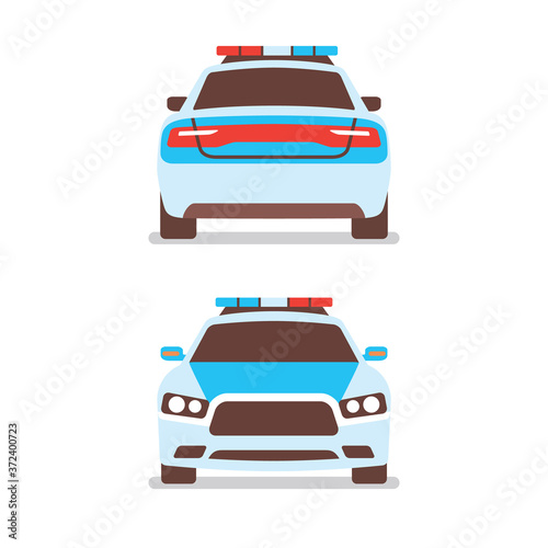 Different angle of police car patrol vehicle siren front and back view flat isolated objects vector illustration