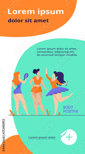 Happy girls admiring their bodies flat vector illustration. Body positive female characters smiling each other. Active women with plus size figures. Different beauty, fashion and healthy lifestyle