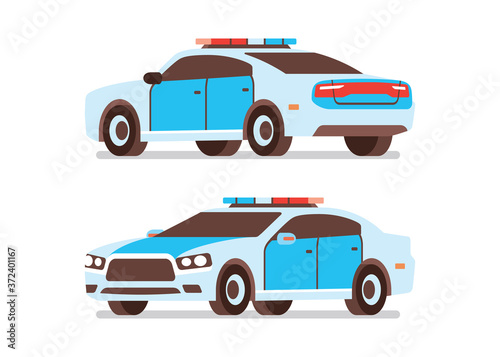 Different angle of police car patrol vehicle siren side view flat isolated objects vector illustration