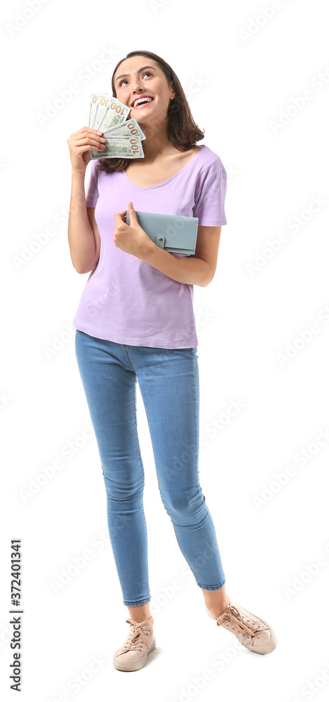 Young woman with wallet and money on white background Young woman with wallet and money on white background
