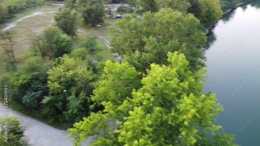 Drone flies over the Adda river in the Po valley Drone flies over the Adda river in the Po valley