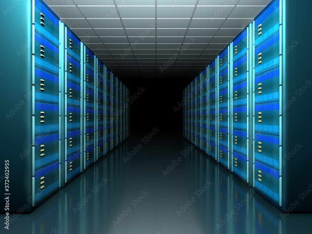 3D server room cloud computing business concept. AI data center ...