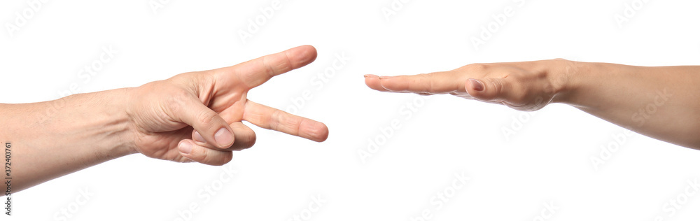 People playing roshambo game on white background People playing roshambo game on white background