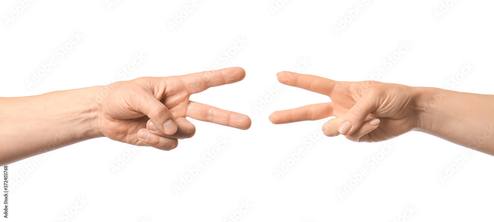 People playing roshambo game on white background People playing roshambo game on white background