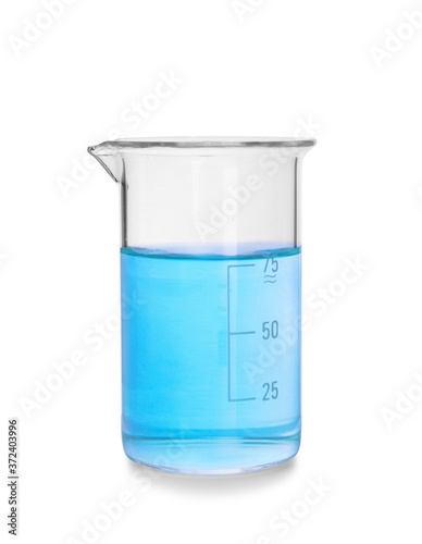 Beaker with liquid on white background