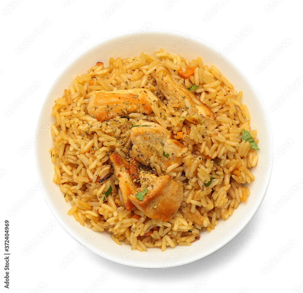 Plate with tasty pilaf on white background Plate with tasty pilaf on white background