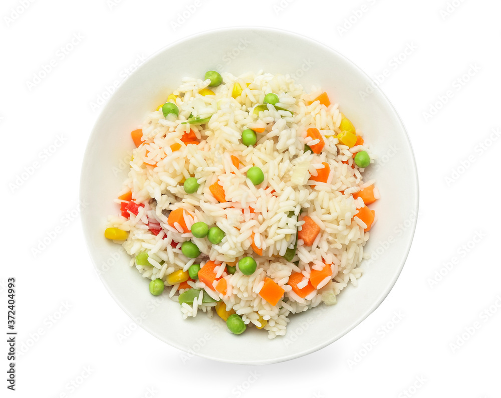 Plate with tasty pilaf on white background