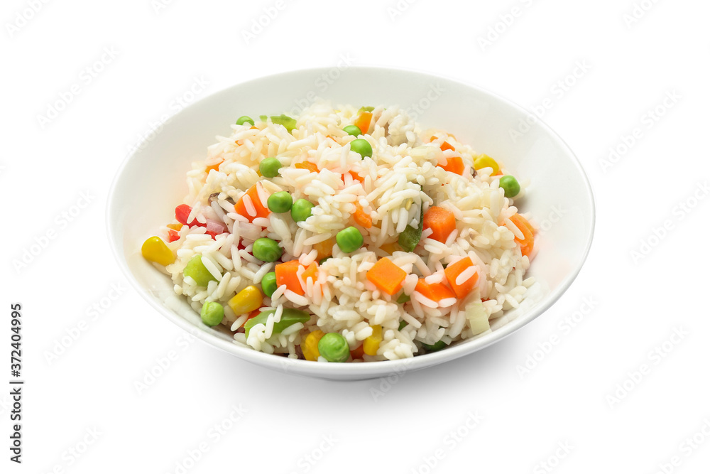 Plate with tasty pilaf on white background Plate with tasty pilaf on white background