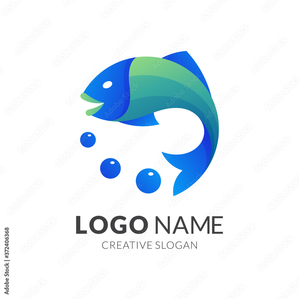 Obraz premium fish and bubble logo design, modern 3d logo style in gradient green and blue color