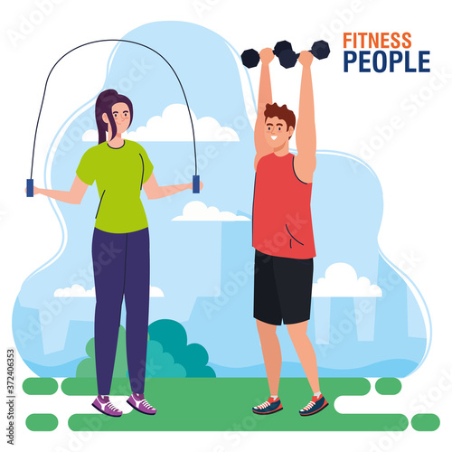 couple doing exercises with dumbbells outdoor, sport recreation exercise vector illustration design