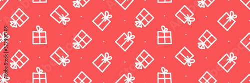 Wide horizontal vector seamless pattern background with outlined gift boxes, presents and dots for Christmas design.
