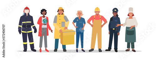 Different professions in a single image with white background