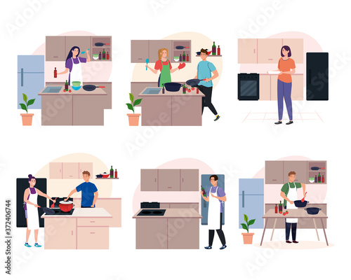 set scenes people cooking in the kitchen vector illustration design