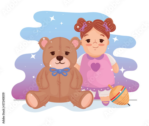 kids toys  cute doll with teddy bear and spinning toy vector illustration design