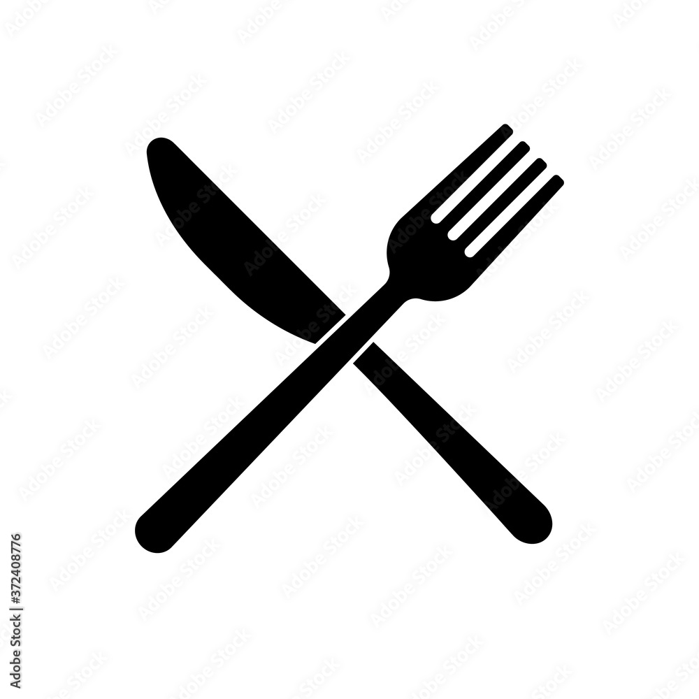 Isolated Black Crossed fork with knife icon on white background. Vector black illustration Isolated Black Crossed fork with knife icon on white background. Vector black illustration