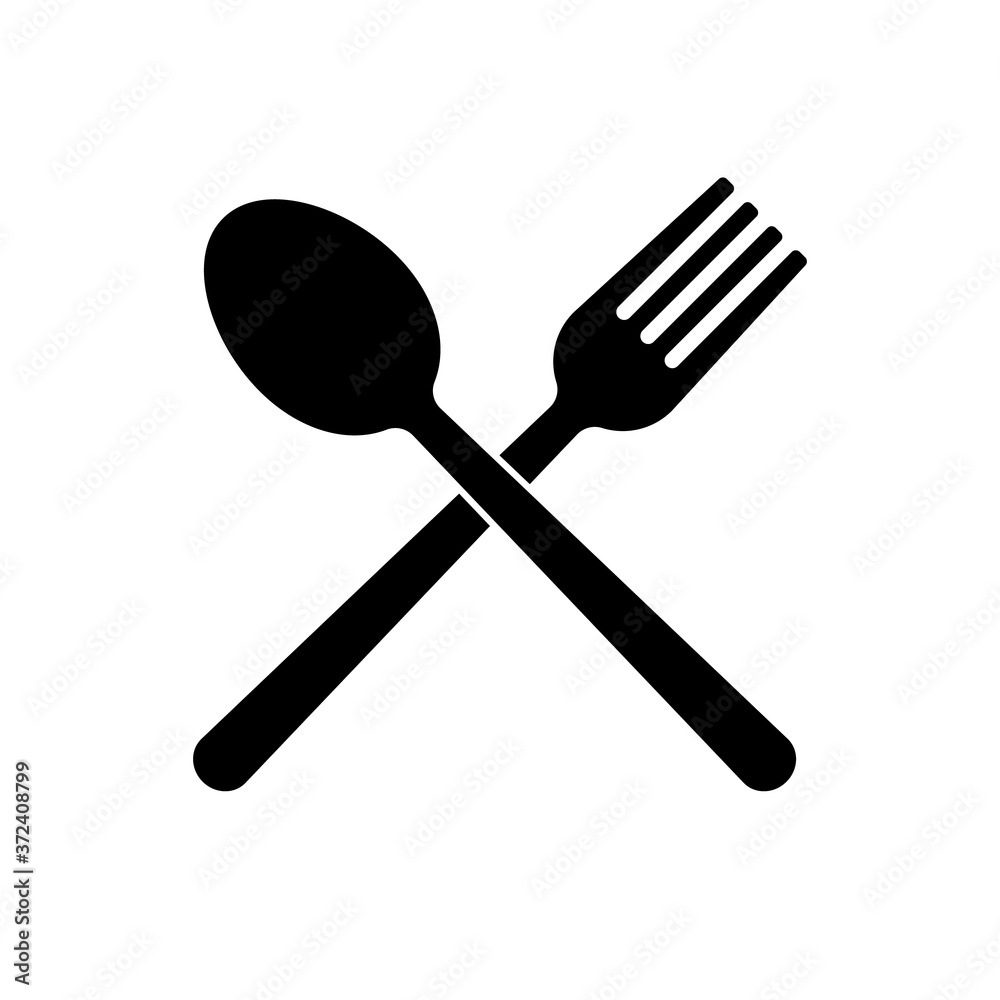 Isolated Black Crossed fork with knife icon on white background. Vector black illustration Isolated Black Crossed fork with knife icon on white background. Vector black illustration