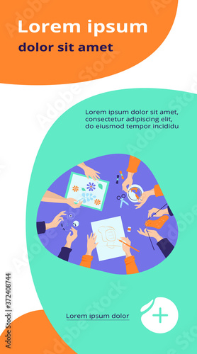 Creative handmade workshop flat vector illustration. Children making creative embroidery, scrapbooking and knitting. DIY, craft and craftwork concept.