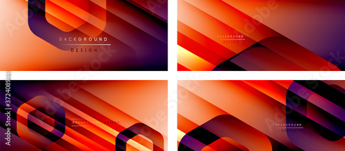 Set of hexagon geometric shapes and fluid gradients with 3d shadow and light straight lines, minimal abstract backgrounds