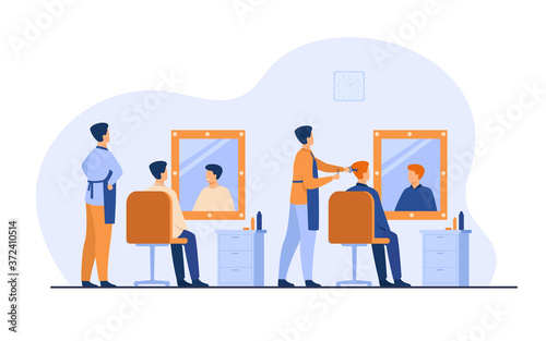 Men sitting in barbershop isolated flat vector illustration. Cartoon hairdressers doing haircut for male clients in chair. Hairdressing salon and beauty parlor concept