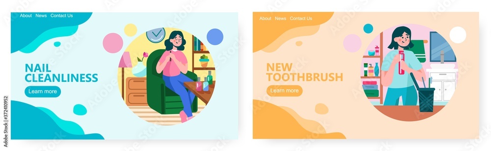 Woman files nails at home. Manicure concept illustration. Girl with new toothbrush pack. Vector web site design template