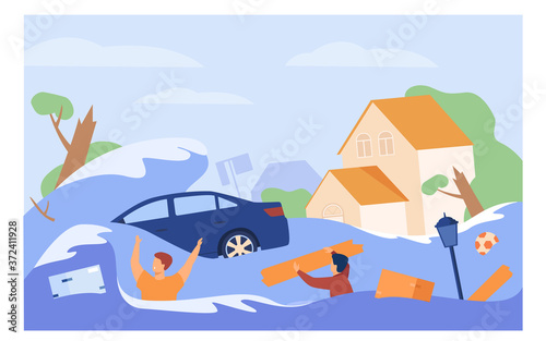 Scary people drowning in water isolated flat vector illustration. Cartoon submerged houses, drowned car during flood or tsunami. Natural disaster, climate change and emergency concept