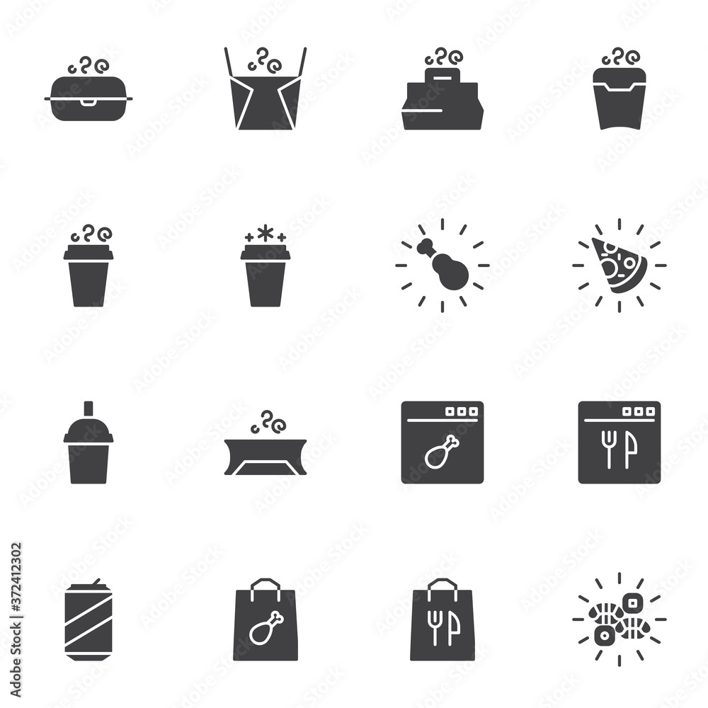 Takeaway food service vector icons set, modern solid symbol collection, filled style pictogram pack. Signs, logo illustration. Set includes icons as noodles package, pizza, chicken, soda drink, coffee Takeaway food service vector icons set, modern solid symbol collection, filled style pictogram pack. Signs, logo illustration. Set includes icons as noodles package, pizza, chicken, soda drink, coffee
