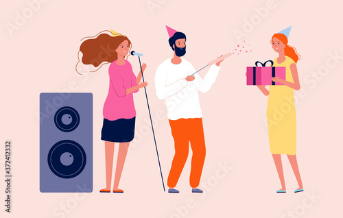 Birthday party. Man woman congratulating their friend. Happy festive with music, confetti and gifts. Cartoon celebration people vector illustration. Celebrating birthday, celebrate and congratulation