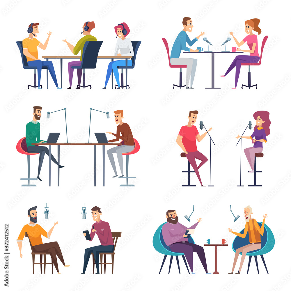 Broadcasting studio. Characters making music microphone and headset radio show speaker vector people. Illustration broadcasting conversation, discussion character on radio