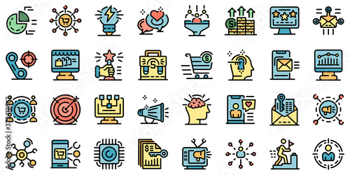 Marketer icons set. Outline set of marketer vector icons thin line color flat on white