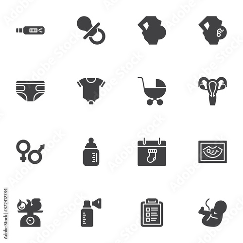 Maternity, motherhood vector icons set, modern solid symbol collection, filled style pictogram pack. Signs, logo illustration. Set includes icons as newborn baby, pregnant woman, baby diaper, embryo