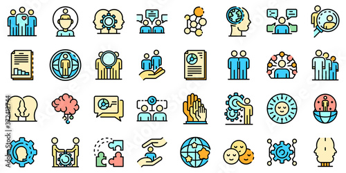 Sociology icons set. Outline set of sociology vector icons thin line color flat on white