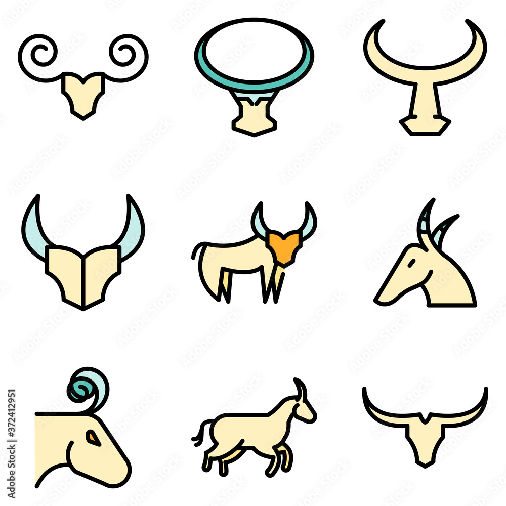 Obraz premium Wildebeest icons set. Outline set of wildebeest vector icons thin line color flat on white