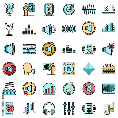 Acoustics icons set. Outline set of acoustics vector icons thin line color flat on white