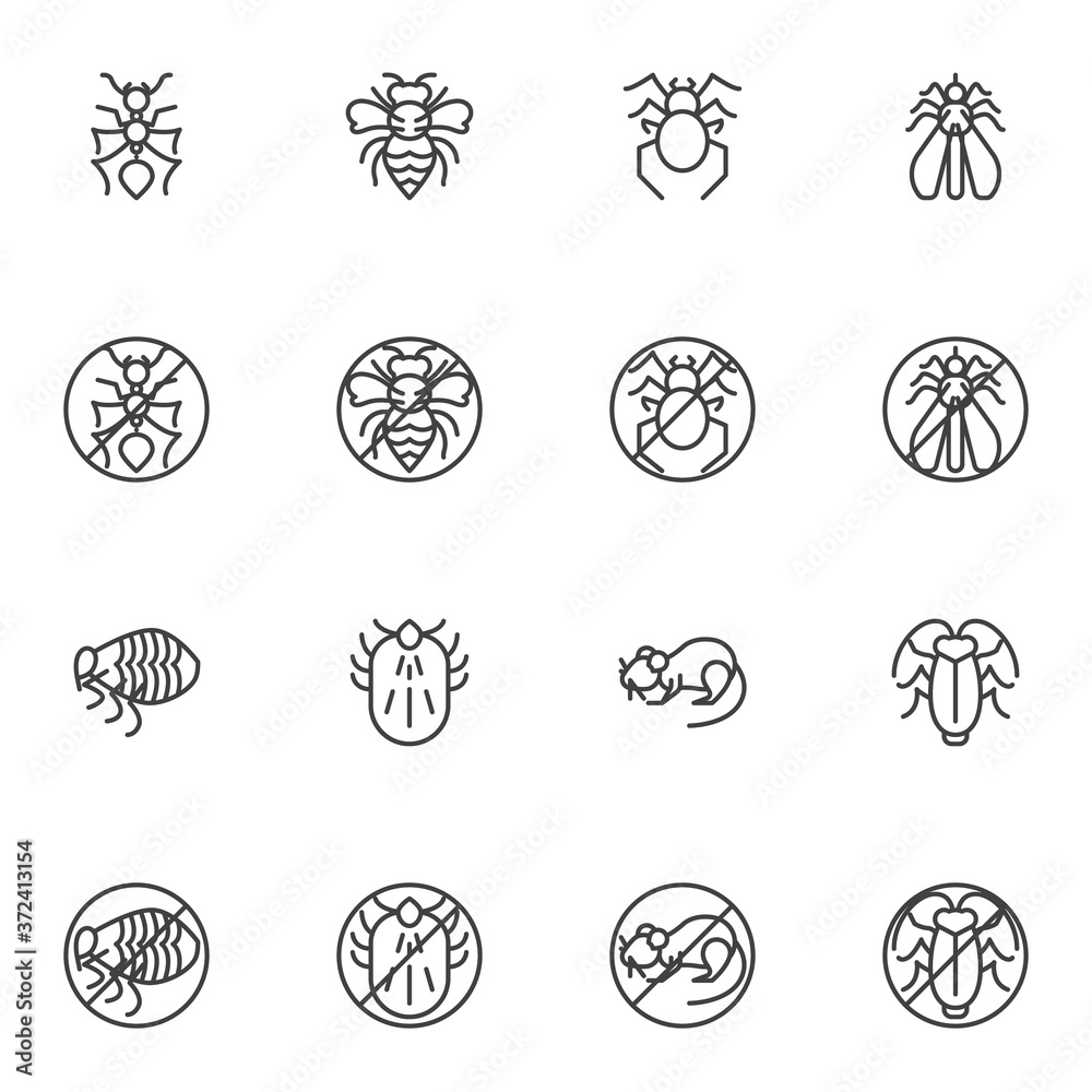 Pest insect line icons set, outline vector symbol collection, linear style pictogram pack. Signs logo illustration. Set includes icons - ant, moth, larvae, rodent rat, bug, spider, wasp, arachnid mite Pest insect line icons set, outline vector symbol collection, linear style pictogram pack. Signs logo illustration. Set includes icons - ant, moth, larvae, rodent rat, bug, spider, wasp, arachnid mite