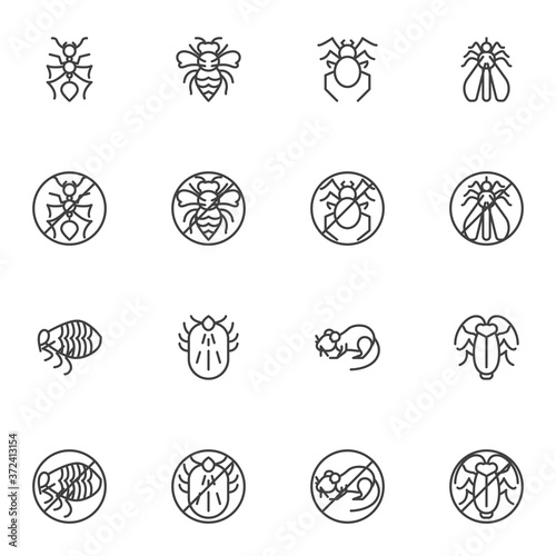 Pest insect line icons set, outline vector symbol collection, linear style pictogram pack. Signs logo illustration. Set includes icons - ant, moth, larvae, rodent rat, bug, spider, wasp, arachnid mite