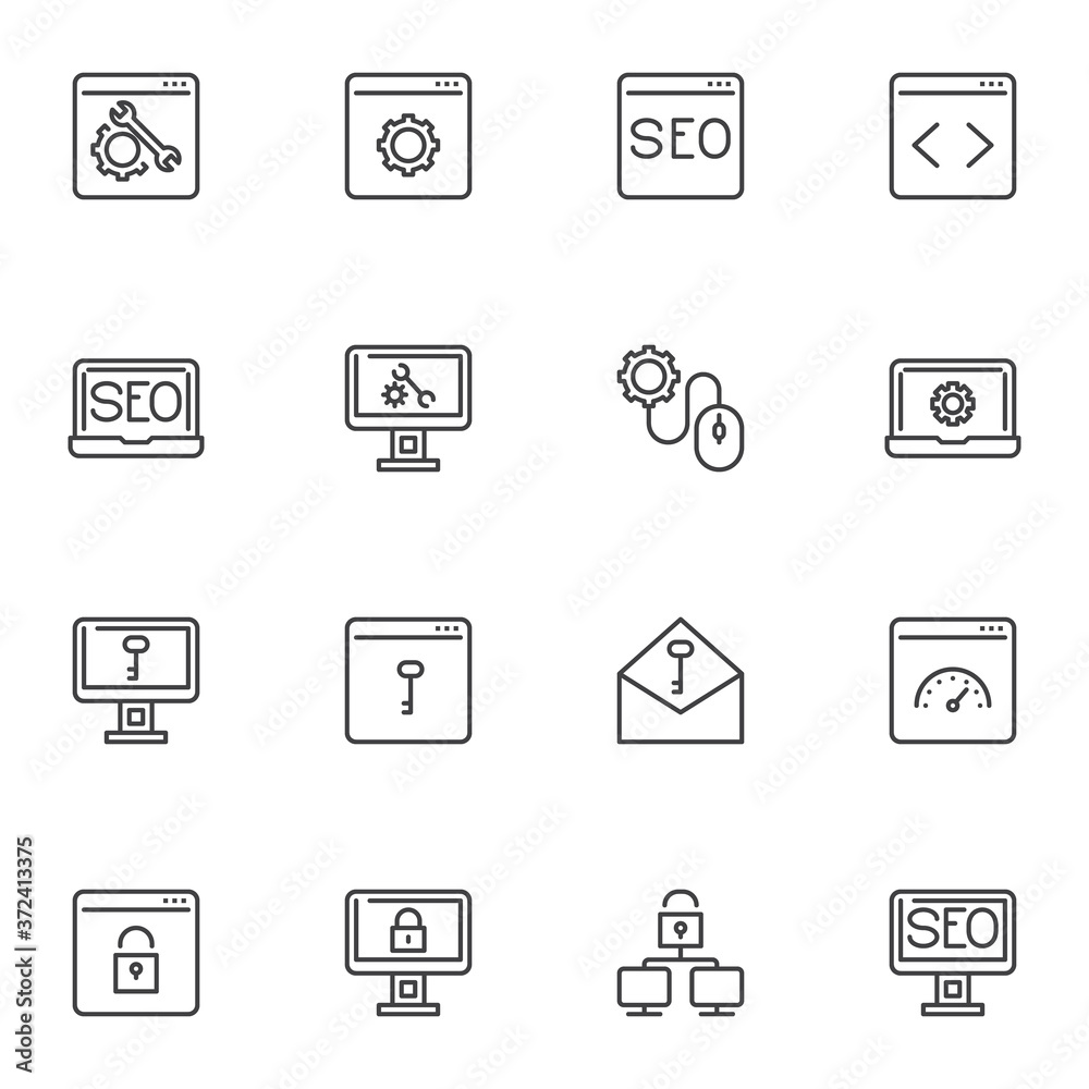 SEO optimization icons set, web development outline vector symbol collection, linear style pictogram pack. Signs, logo illustration. Set includes icons as technical support, website code, security