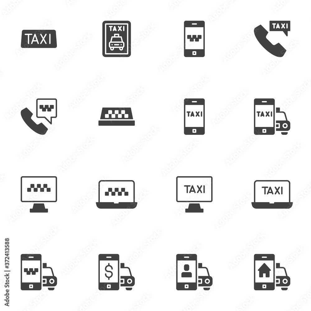 Online taxi ordering vector icons set, modern solid symbol collection, filled style pictogram pack. Signs, logo illustration. Set includes icons as taxi service, online booking Online taxi ordering vector icons set, modern solid symbol collection, filled style pictogram pack. Signs, logo illustration. Set includes icons as taxi service, online booking