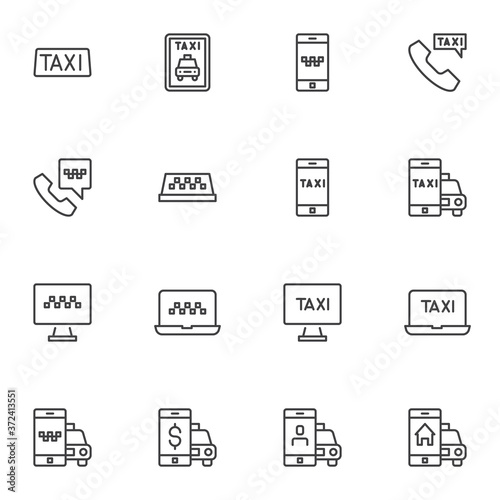 Online taxi ordering line icons set, outline vector symbol collection, linear style pictogram pack. Signs, logo illustration. Set includes icons as taxi service, online booking