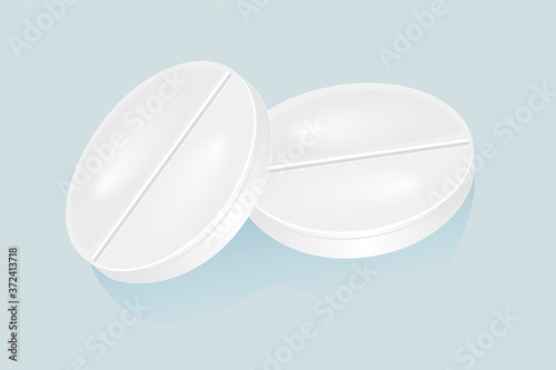 White pills isolated on blue background. Two circle pill or tablet icon or logo. Medicine and drugs. Round white cure pills,aspirin, antibiotics,vitamin and painkiller drugs. Stock vector illustration