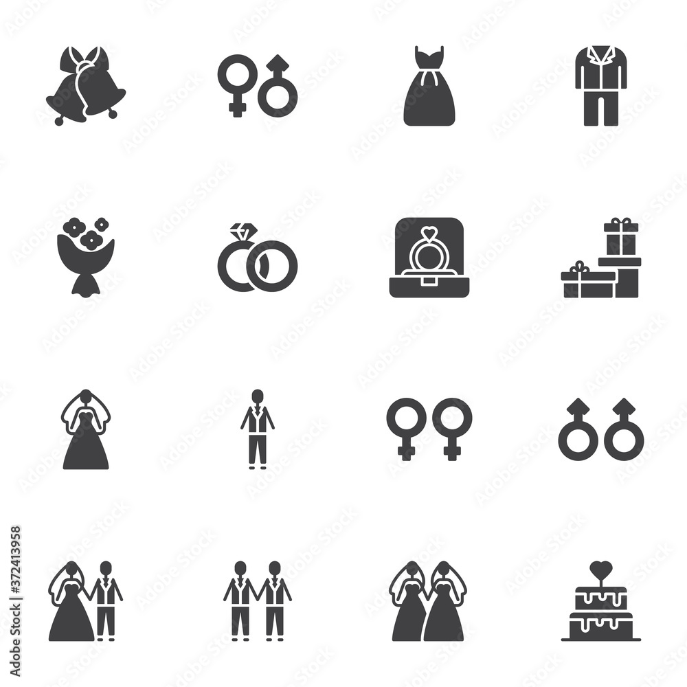 Wedding Marriage vector icons set, modern solid symbol collection, filled style pictogram pack. Signs, logo illustration. Set includes icons as gift box, flower bouquet, bride groom, engagement ring Wedding Marriage vector icons set, modern solid symbol collection, filled style pictogram pack. Signs, logo illustration. Set includes icons as gift box, flower bouquet, bride groom, engagement ring