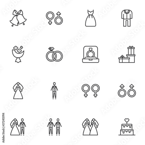 Wedding Marriage line icons set, outline vector symbol collection, linear style pictogram pack. Signs, logo illustration. Set includes icons as gift box, flower bouquet, bride groom, engagement ring