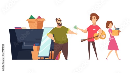 Flea market sale. Seller and buyers, man woman buying things on garage sale. Neighborhoods trade vector illustration. Flea market, outdoor buyer