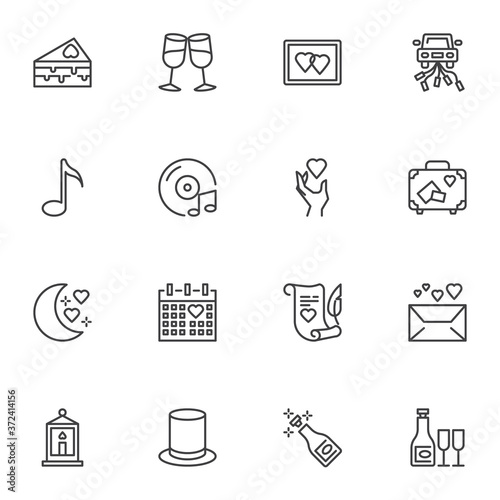 Wedding party line icons set, outline vector symbol collection, linear style pictogram pack. Signs, logo illustration. Set includes icons as cake, champagne glasses, just married car, calendar date