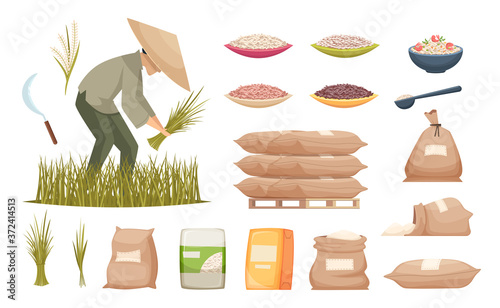 Rice bags. Agricultural products brown and white rice transporting food ingredients vector illustrations. Rice in sack bag, healthy harvest agriculture