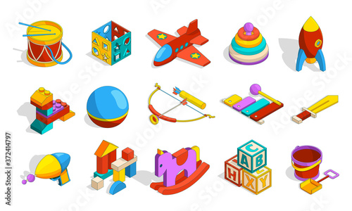 Toys isometric. Colored kindergarten objects for kids plastic preschool toys sets box blocks drum cars vector cute collection. Xylophone and pyramid, preschool education playful illustration