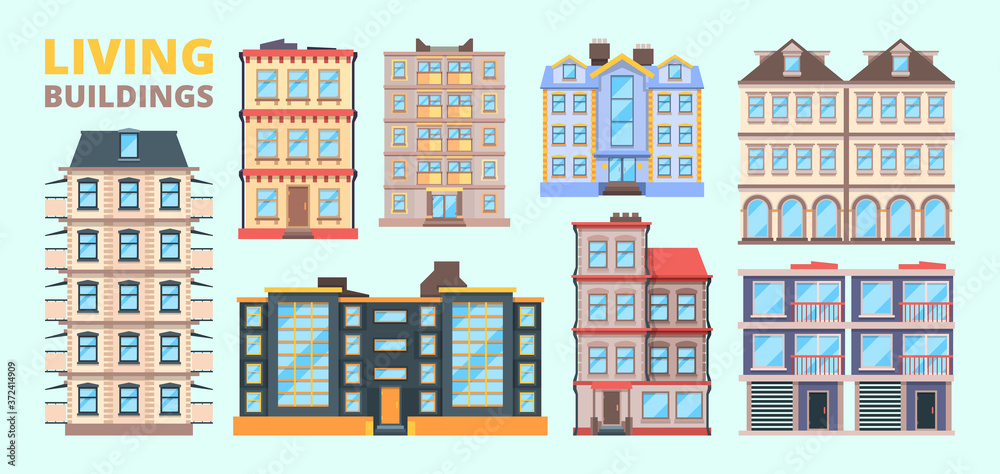 Building facade. Living houses villas urban exterior home downtown vector landscape. City architecture exterior, facade street illustration Building facade. Living houses villas urban exterior home downtown vector landscape. City architecture exterior, facade street illustration