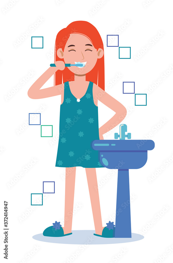Young woman brushing teeth in a bathroom. Oral hygiene, care of dental health. Vector flat cartoon character illustration on white background. Young woman brushing teeth in a bathroom. Oral hygiene, care of dental health. Vector flat cartoon character illustration on white background.